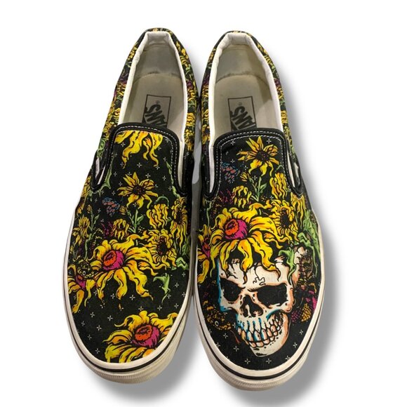 VTG Vans Mens Classic Skull Floral Tattoo Shoes Sz 11.5 Black Yellow Art Skater‎ main image 10